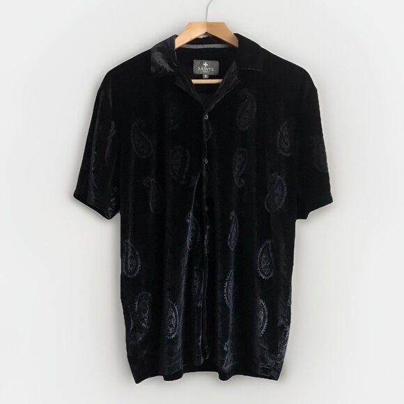 Saints Studio Paisley Velour Button Up Shirt Men's Small Black Short Sleeve‎ Top - Picture 1 of 7